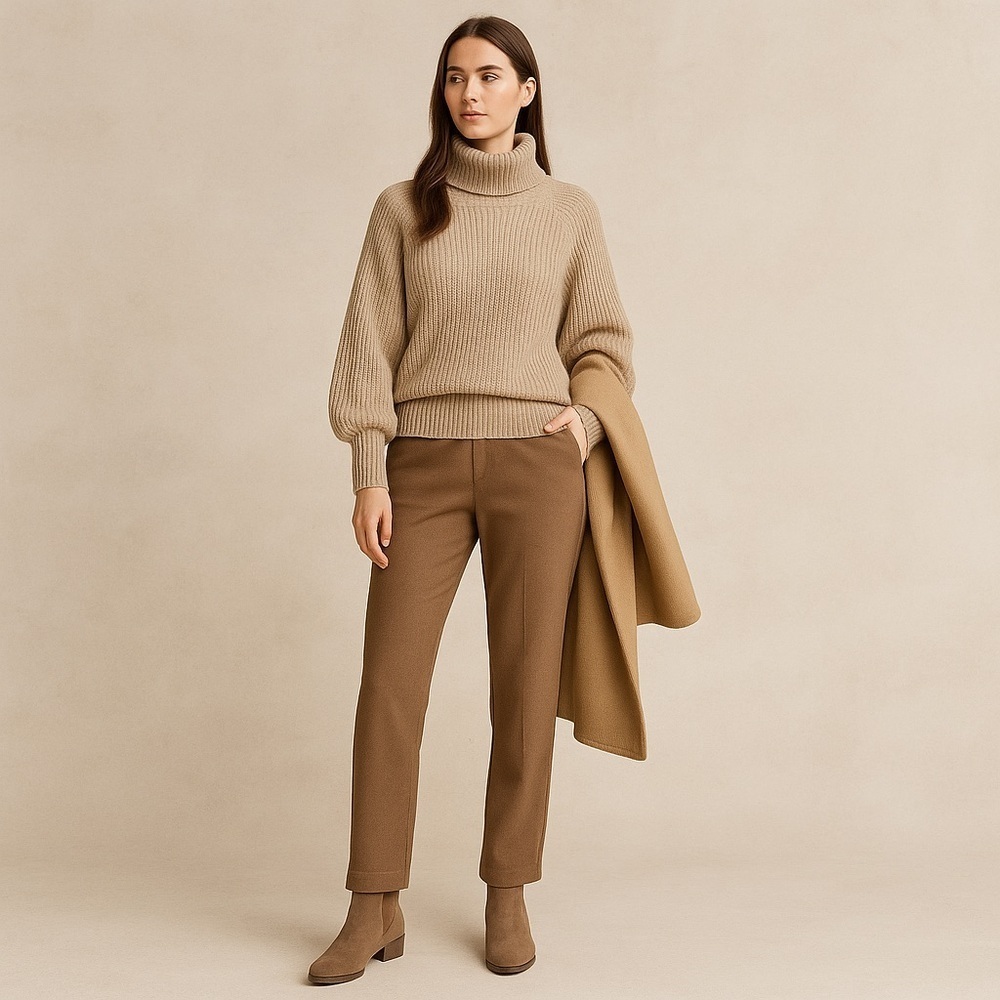 DKNY Womens Beige Ribbed Cotton Turtleneck Sweater M Balloon Sleeve Fall Chic